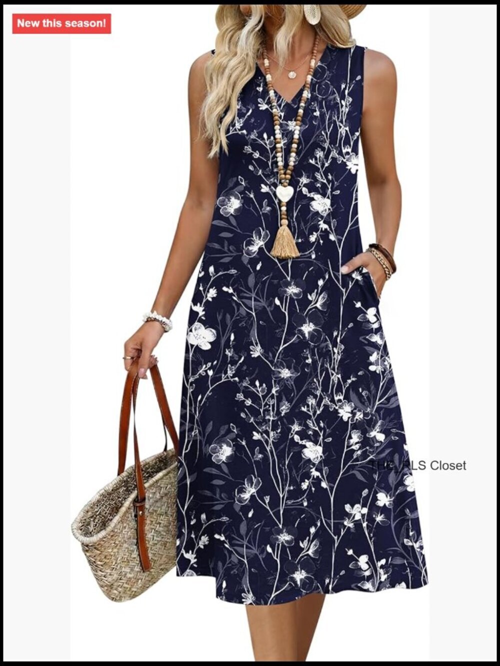 Polyester Spandex Sundress with Pockets V-Neck Sleeveless Midi Casual